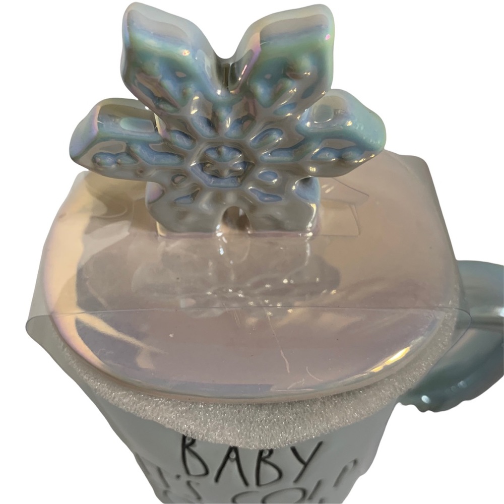 ‼️SOLD‼️ RAE DUNN “BABY IT’S COLD OUTSIDE” Mug Iridescent Blue Snowflake Topper - Picture 6 of 10